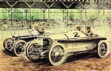 Indianalpolis-Rennen, 31. Mai 1915 (Gemälde von Carlo Demand). Ralph de Palma, der Sieger des 500-Meilen-Rennen auf Mercedes 115-PS Grand-Prix-Rennwagen 1914 überholt Dario Resta auf Peugeot.